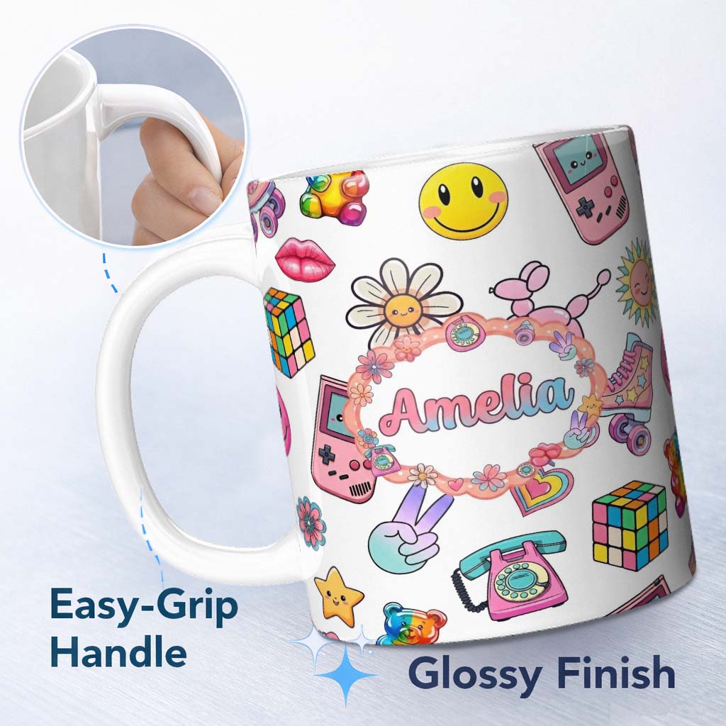 Personalized Custom Name Gummy Bear Rainbow Roller Skate Light Grey Background Seamless 11oz Ceramic Coffee Tea Mug White Large Handle