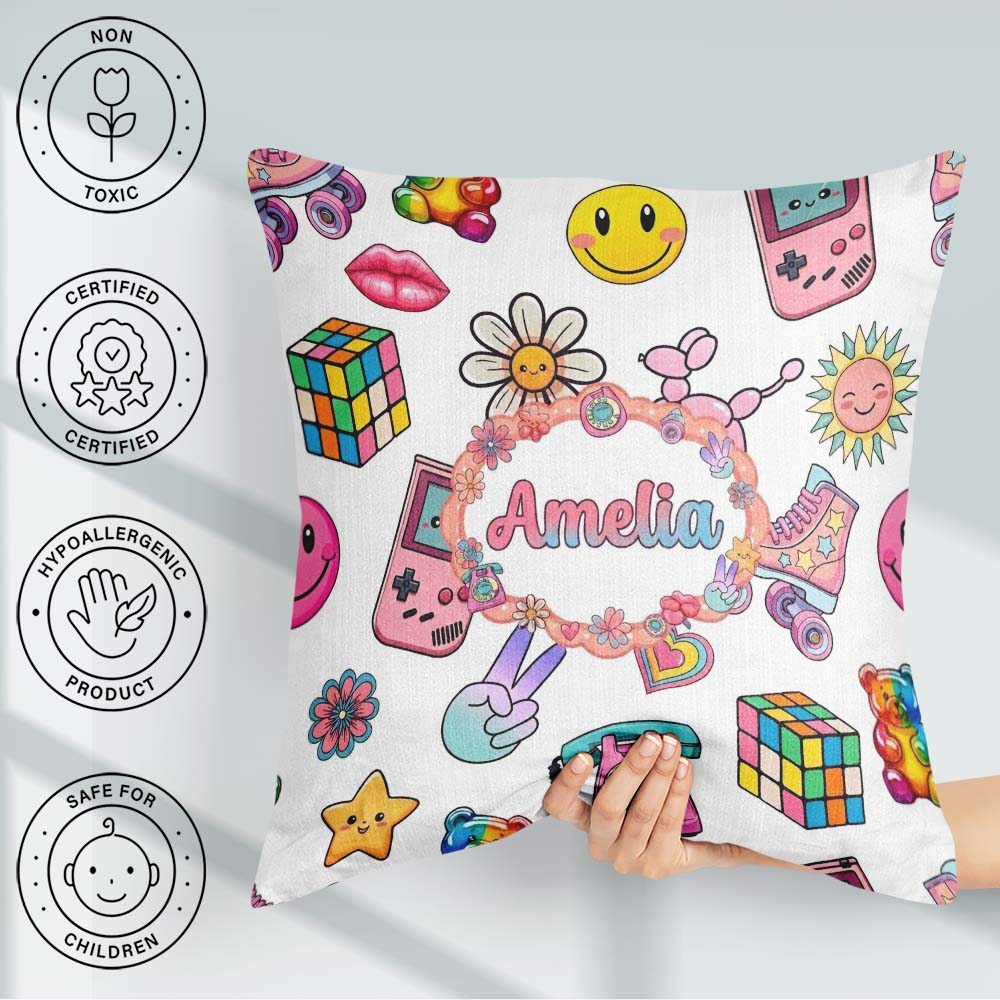 Custom Name Gummy Bear Rainbow Roller Skate Light Grey Seamless Square Filled Cushion Throw Pillow Sofa Bed Home Decor Zip Washable UK Made