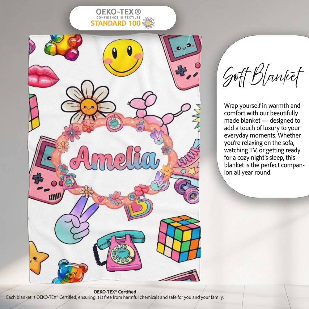 Gummy Bear Rainbow Roller Skate Light Grey Background Seamless Personalised Custom Name Super Soft Fleece Blanket Bed Sofa Throw