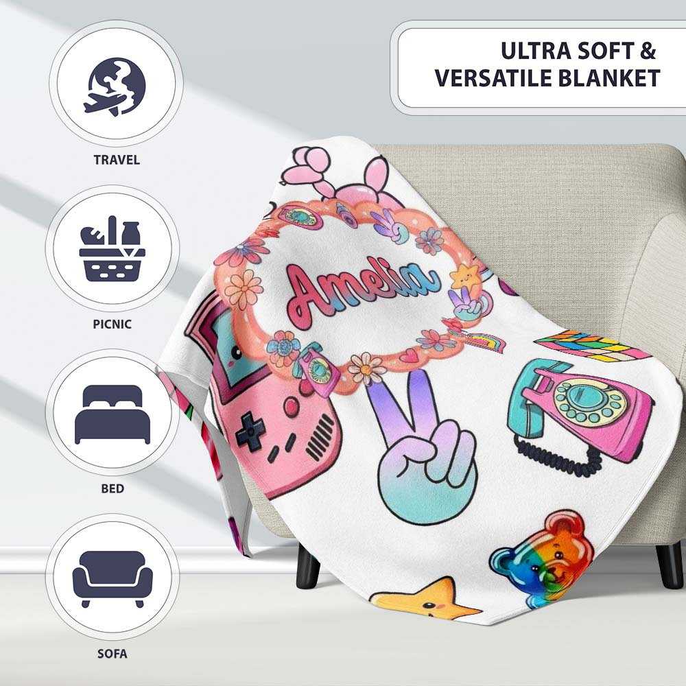 Gummy Bear Rainbow Roller Skate Light Grey Background Seamless Personalised Custom Name Super Soft Fleece Blanket Bed Sofa Throw
