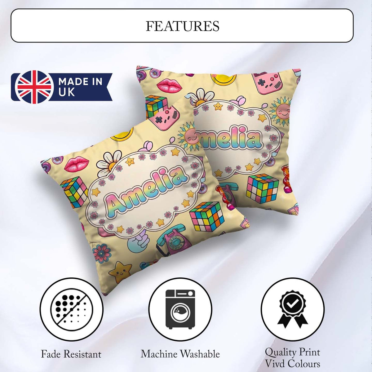 Custom Name Gummy Bear Rainbow Roller Skate Warm Beige Seamless Square Filled Cushion Throw Pillow Sofa Bed Home Decor Zip Washable UK Made