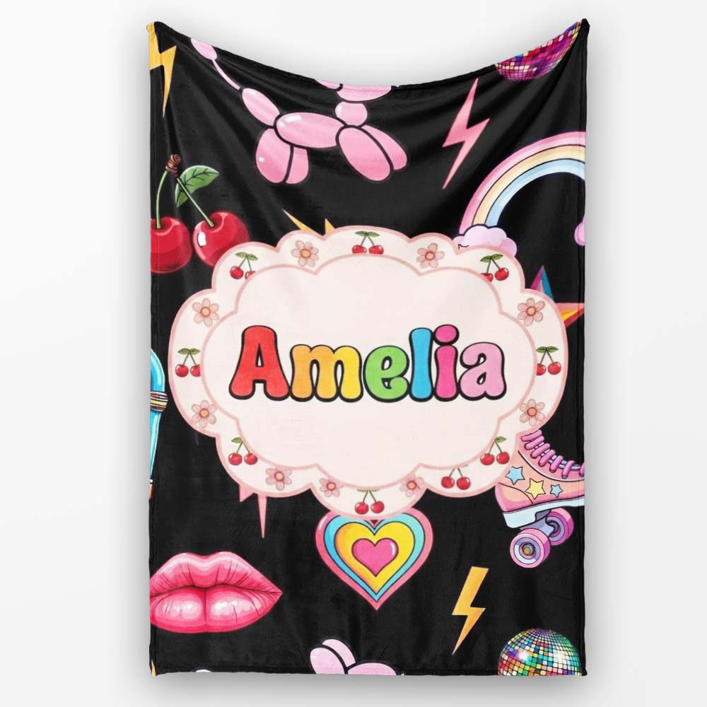 Gummy Bear Rainbow Roller Skate Deep Black Background Seamless Personalised Custom Name Super Soft Fleece Blanket Bed Sofa Throw