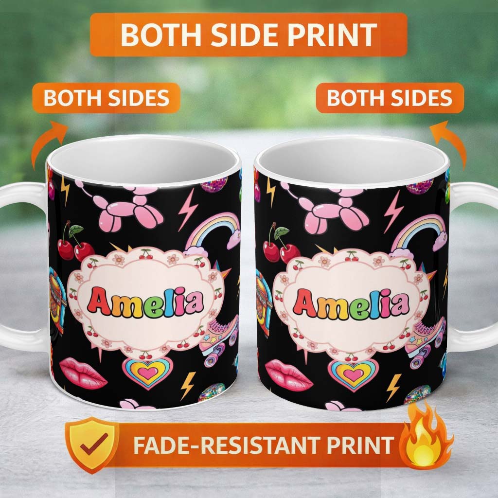 Personalized Custom Name Gummy Bear Rainbow Roller Skate Deep Black Background Seamless 11oz Ceramic Coffee Tea Mug White Large Handle