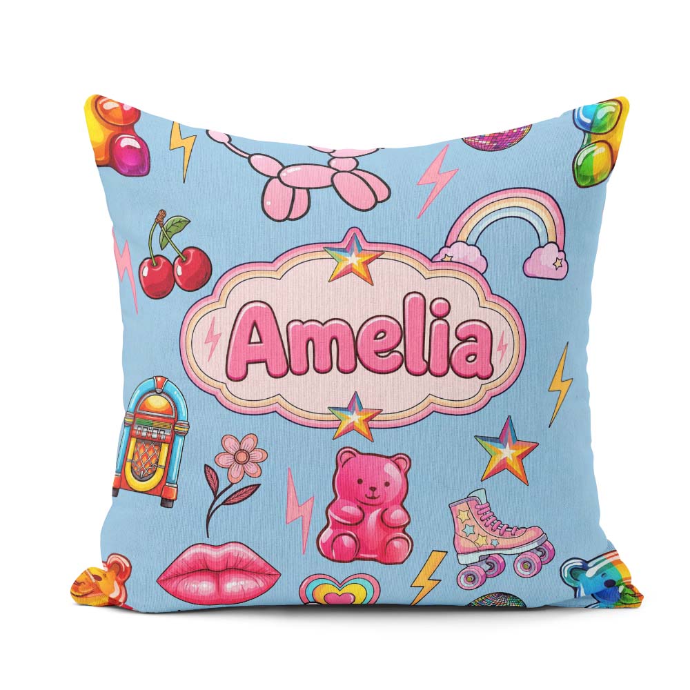 Custom Name Gummy Bear Rainbow Roller Skate Soft Blue Background Square Filled Cushion Throw Pillow Sofa Bed Home Decor Zip Washable UK Made