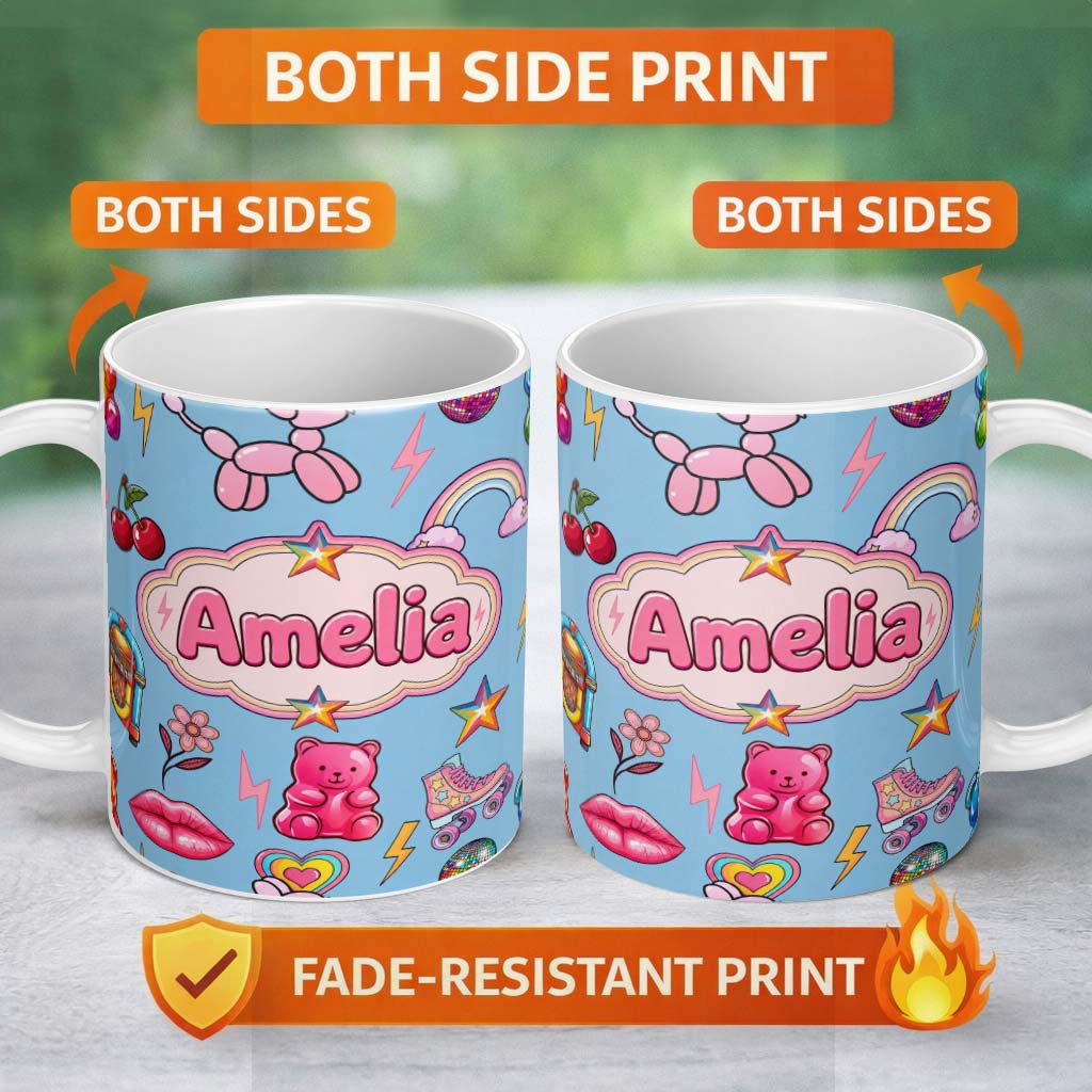 Personalized Custom Name Gummy Bear Rainbow Roller Skate Soft Blue Background Seamless 11oz Ceramic Coffee Tea Mug White Large Handle
