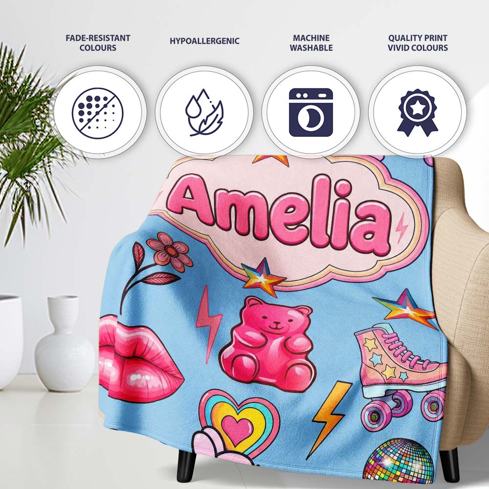 Gummy Bear Rainbow Roller Skate Soft Blue Background Seamless Personalised Custom Name Super Soft Fleece Blanket Bed Sofa Throw