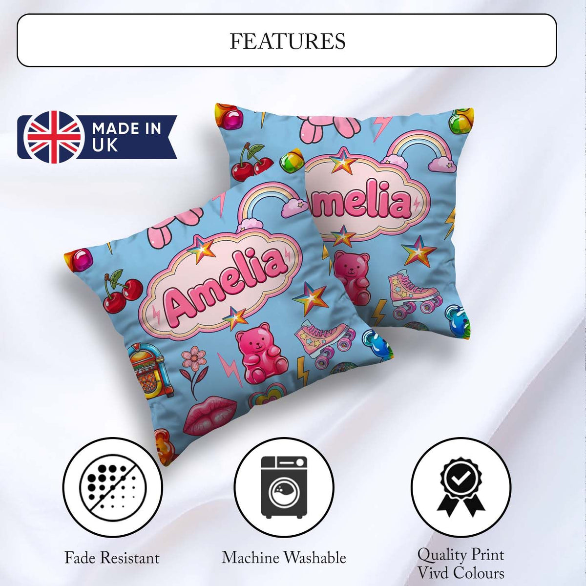 Custom Name Gummy Bear Rainbow Roller Skate Soft Blue Background Square Filled Cushion Throw Pillow Sofa Bed Home Decor Zip Washable UK Made