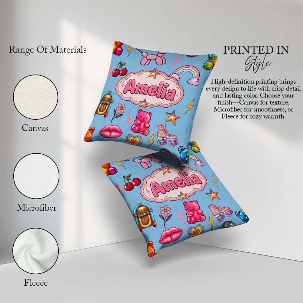Custom Name Gummy Bear Rainbow Roller Skate Soft Blue Background Square Filled Cushion Throw Pillow Sofa Bed Home Decor Zip Washable UK Made