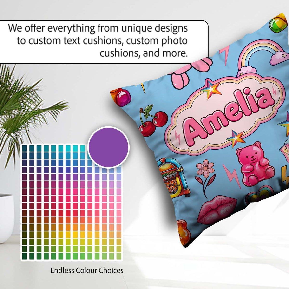 Custom Name Gummy Bear Rainbow Roller Skate Soft Blue Background Square Filled Cushion Throw Pillow Sofa Bed Home Decor Zip Washable UK Made