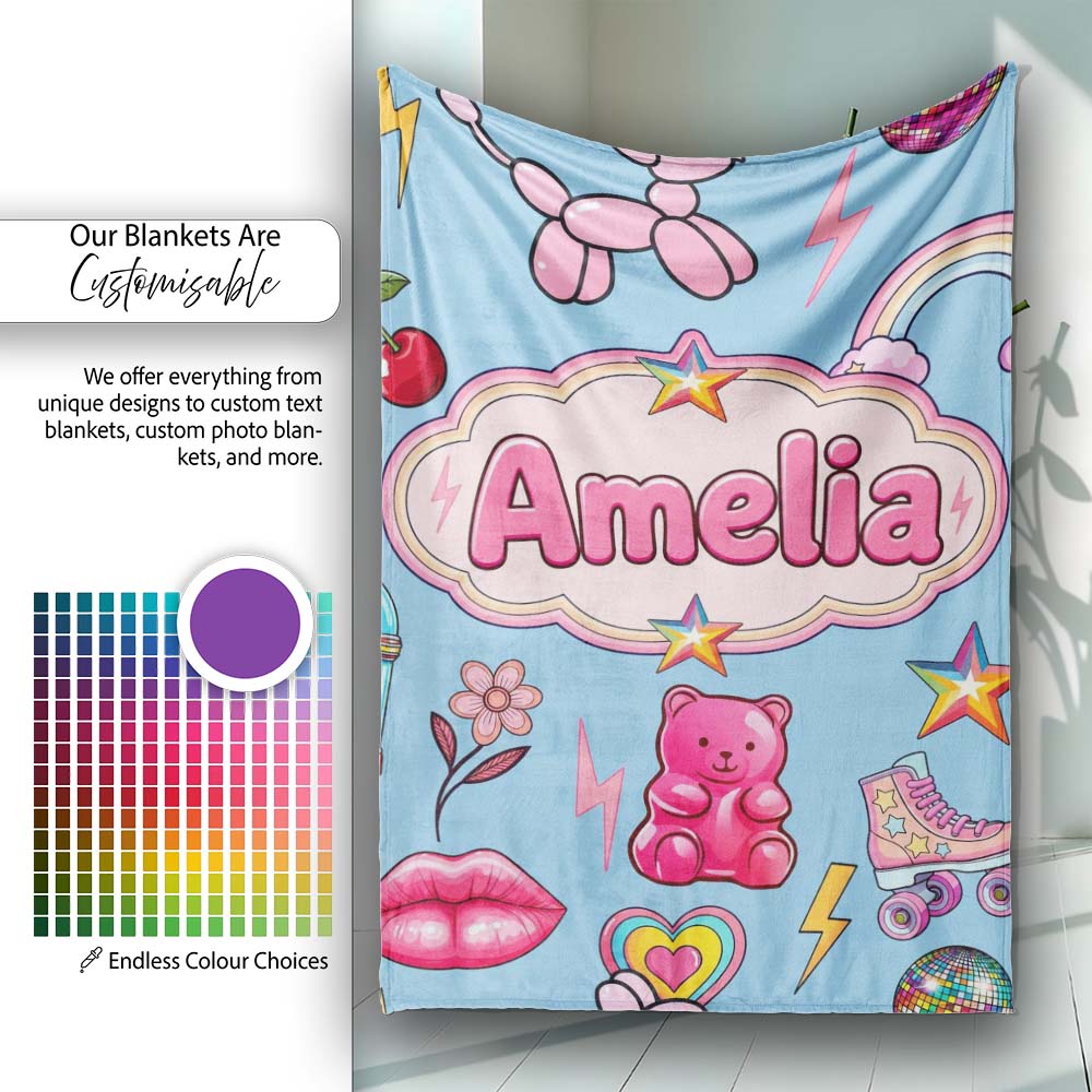 Gummy Bear Rainbow Roller Skate Soft Blue Background Seamless Personalised Custom Name Super Soft Fleece Blanket Bed Sofa Throw