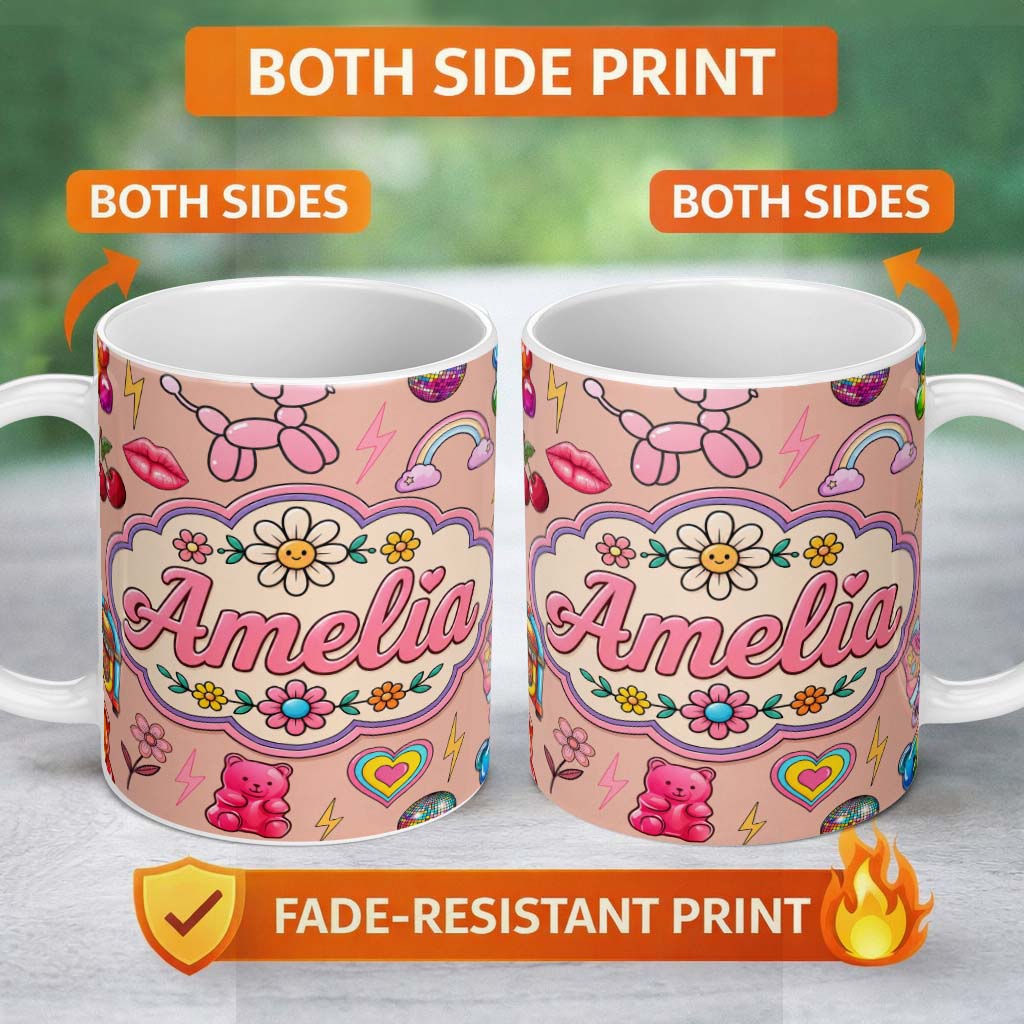 Personalized Custom Name Gummy Bear Rainbow Roller Skate Peach Background Seamless Pattern 11oz Ceramic Coffee Tea Mug White Large Handle
