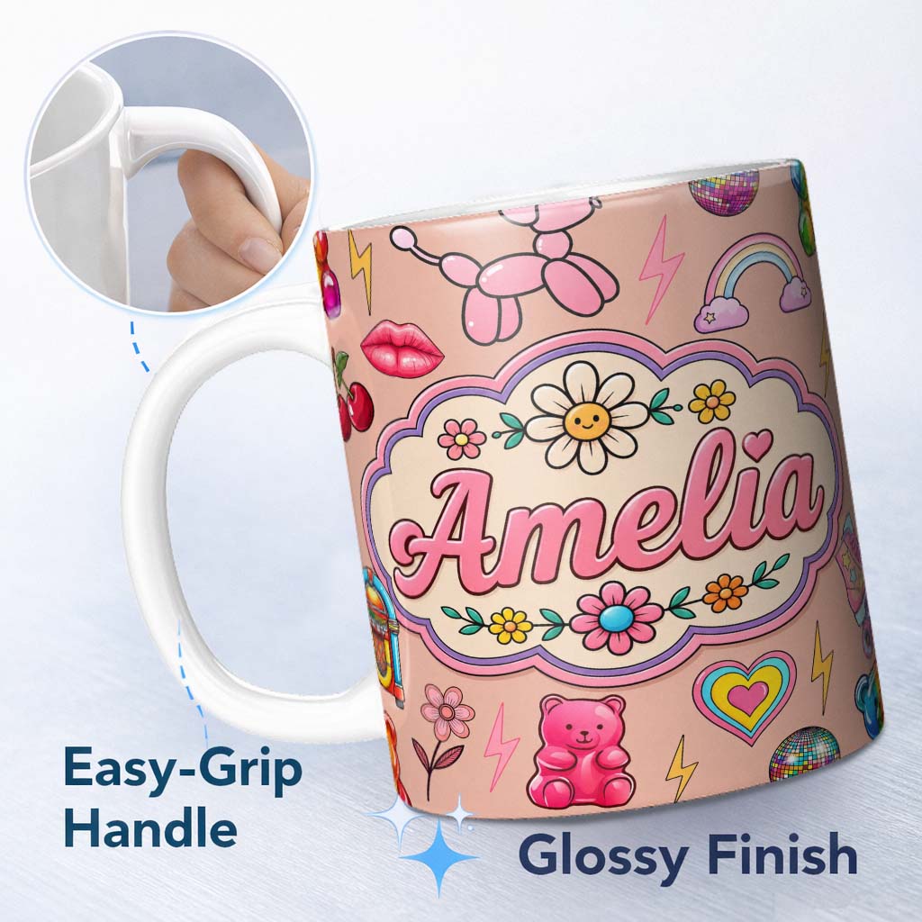 Personalized Custom Name Gummy Bear Rainbow Roller Skate Peach Background Seamless Pattern 11oz Ceramic Coffee Tea Mug White Large Handle