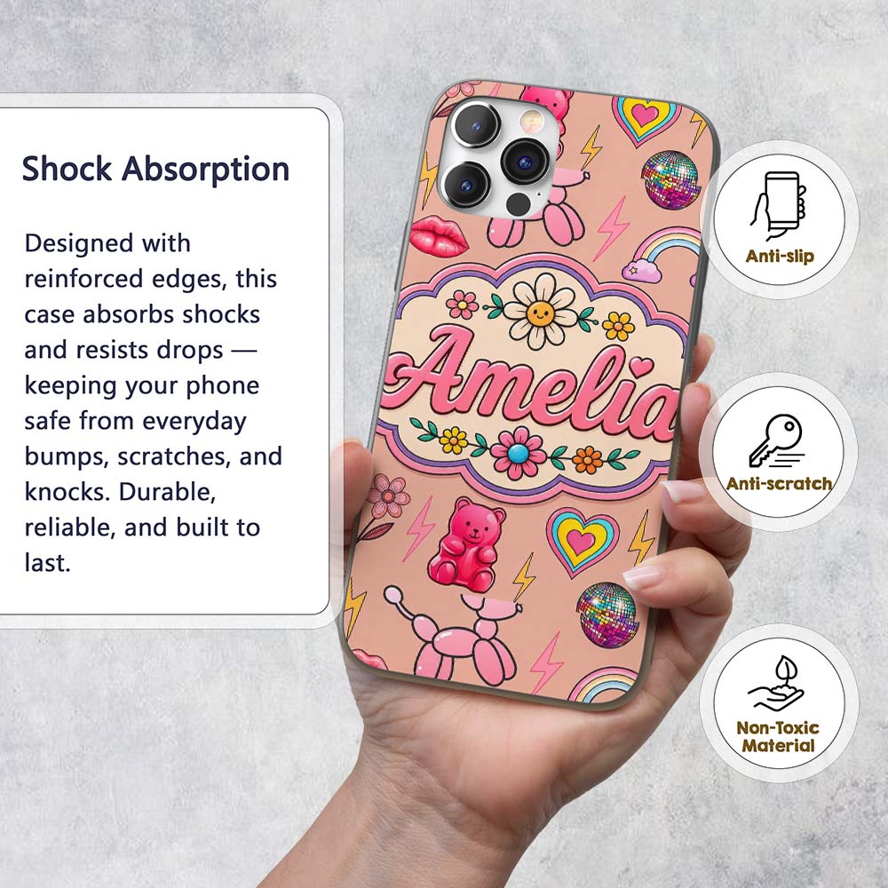 Gummy Bear Rainbow Roller Skate Peach Background Custom Name Protective Phone Case Mobile Cover Durable Everyday Smartphone Shock Resistant