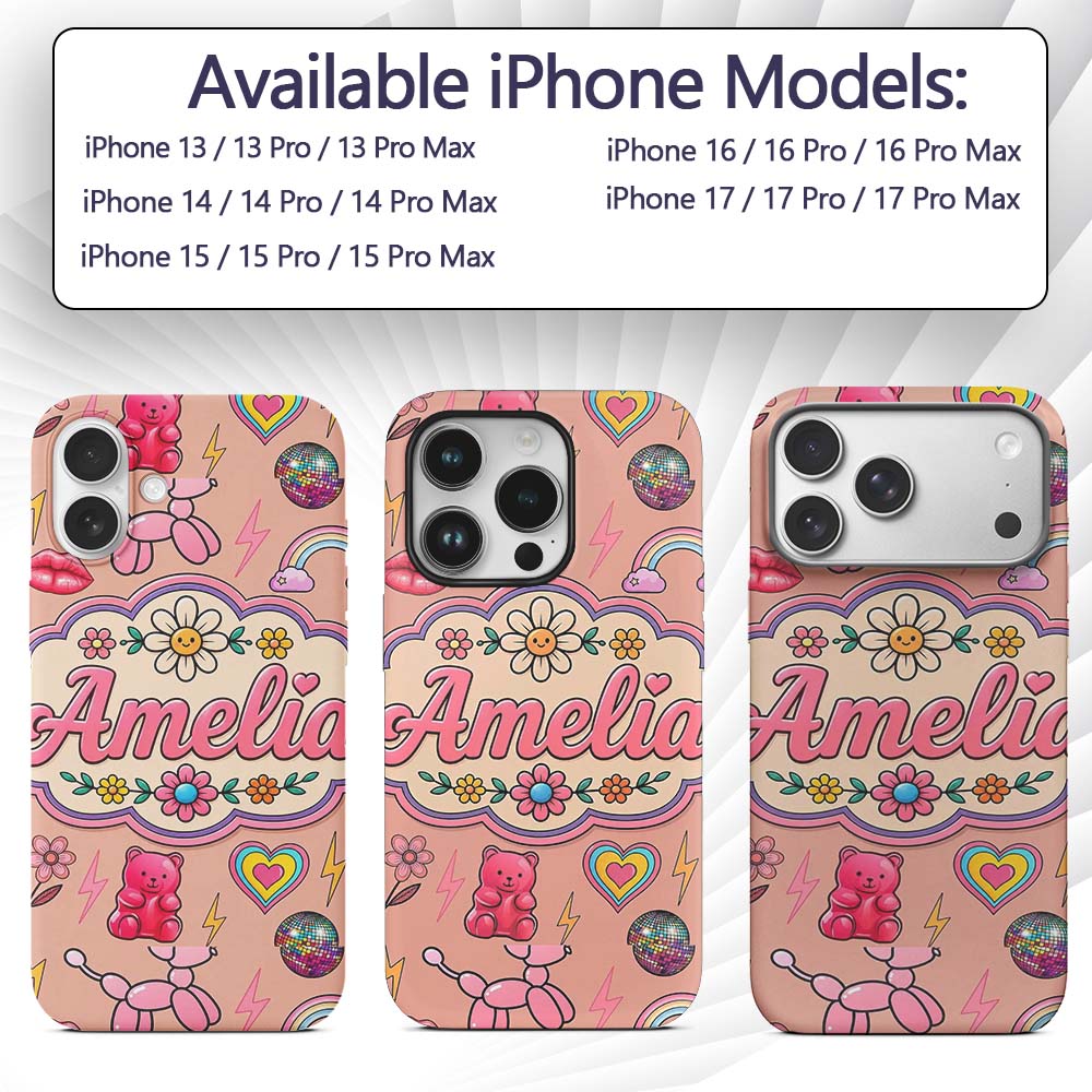 Gummy Bear Rainbow Roller Skate Peach Background Custom Name Protective Phone Case Mobile Cover Durable Everyday Smartphone Shock Resistant