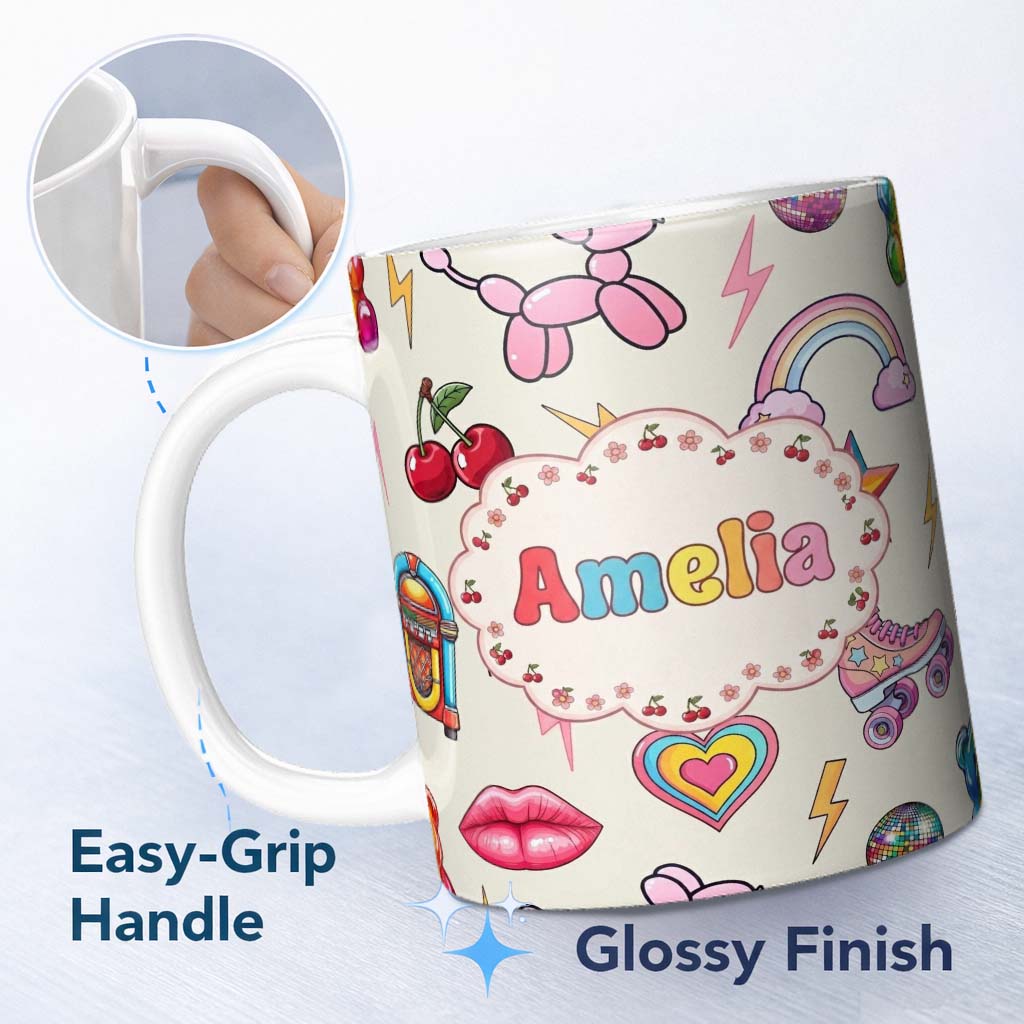 Personalized Custom Name Gummy Bear Rainbow Roller Skate Cream Background Seamless Pattern 11oz Ceramic Coffee Tea Mug White Large Handle