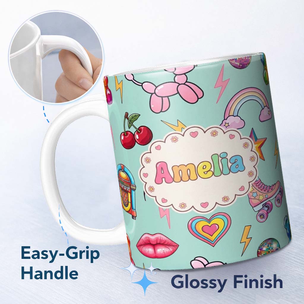 Personalized Custom Name Gummy Bear Rainbow Roller Skate Mint Background Seamless Pattern 11oz Ceramic Coffee Tea Mug White Large Handle