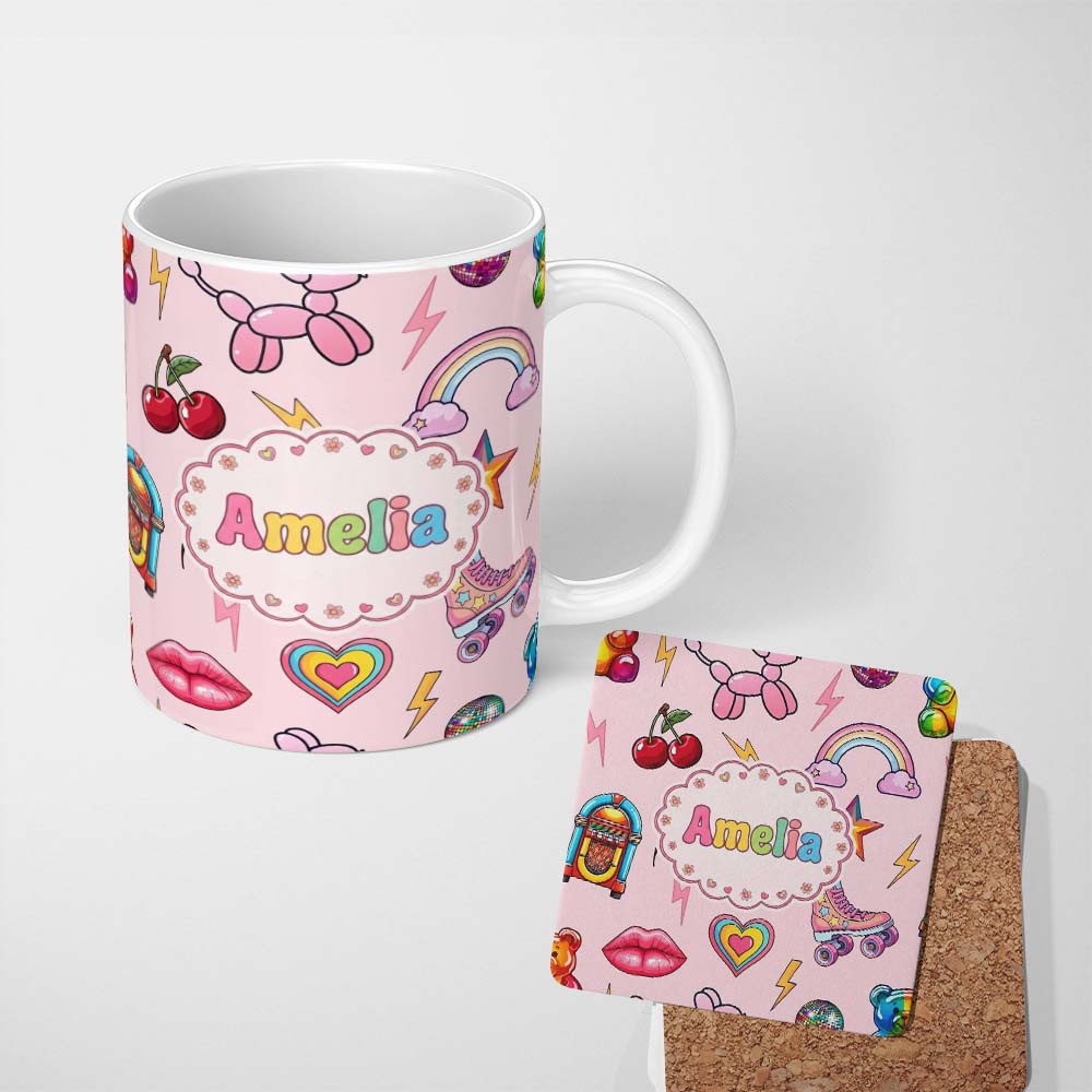 Personalized Custom Name Gummy Bear Rainbow Roller Skate Pink Background Seamless Pattern 11oz Ceramic Coffee Tea Mug White Large Handle