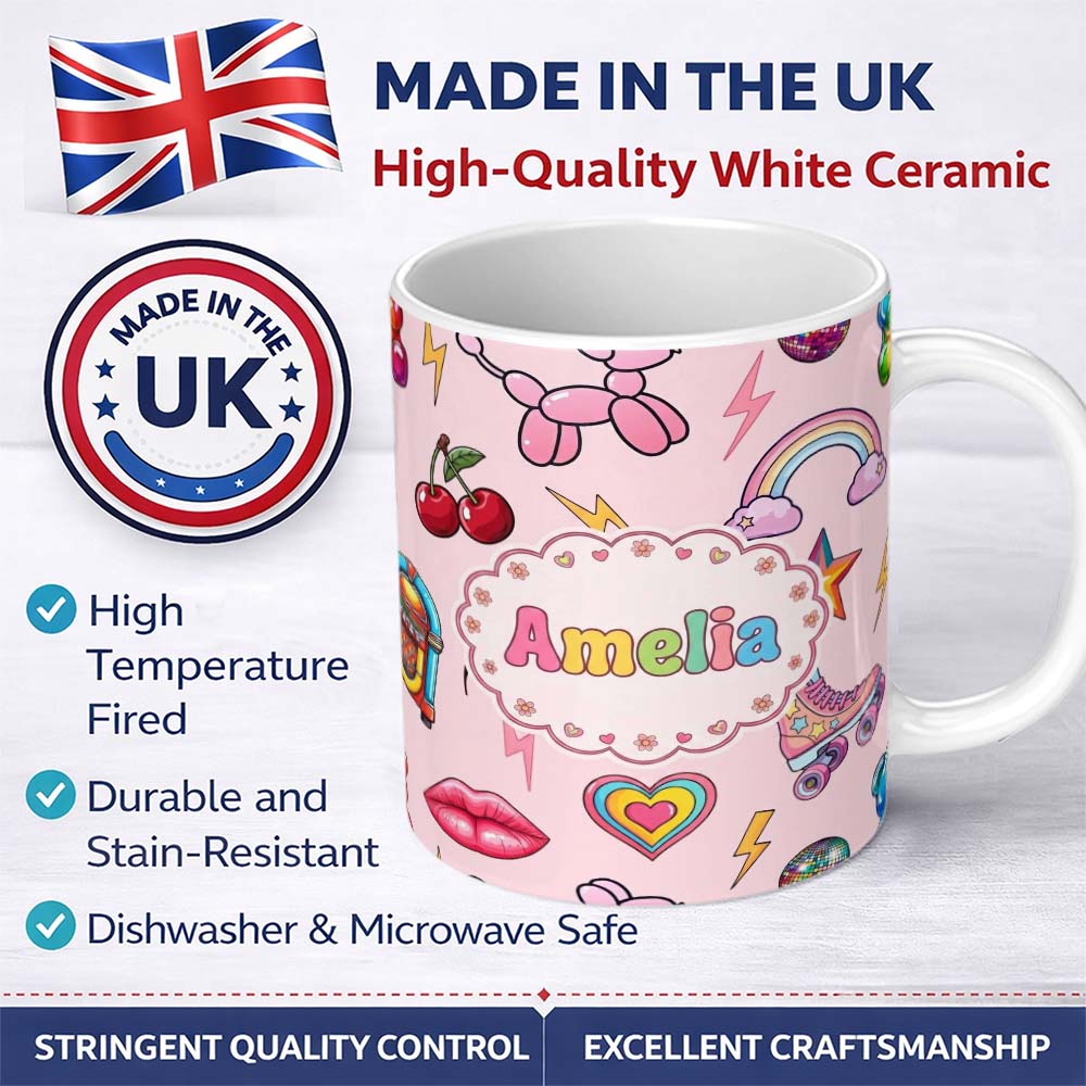 Personalized Custom Name Gummy Bear Rainbow Roller Skate Pink Background Seamless Pattern 11oz Ceramic Coffee Tea Mug White Large Handle