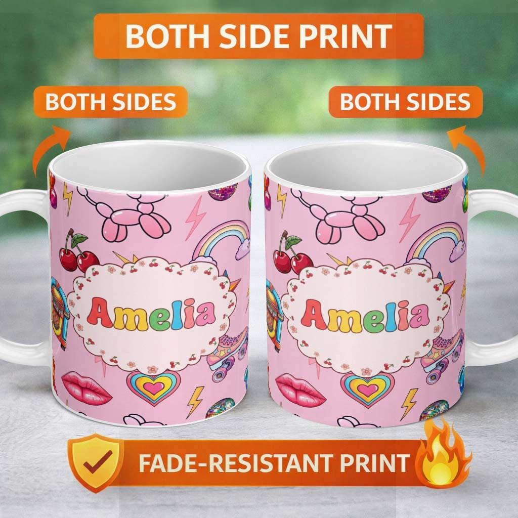 Personalized Custom Name Gummy Bear Rainbow Roller Skate Blush Pink Background Seamless 11oz Ceramic Coffee Tea Mug White Large Handle