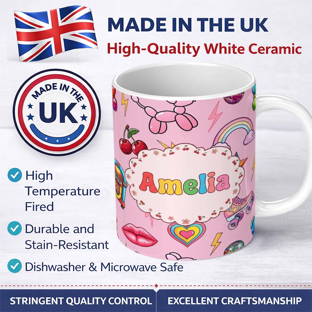 Personalized Custom Name Gummy Bear Rainbow Roller Skate Blush Pink Background Seamless 11oz Ceramic Coffee Tea Mug White Large Handle