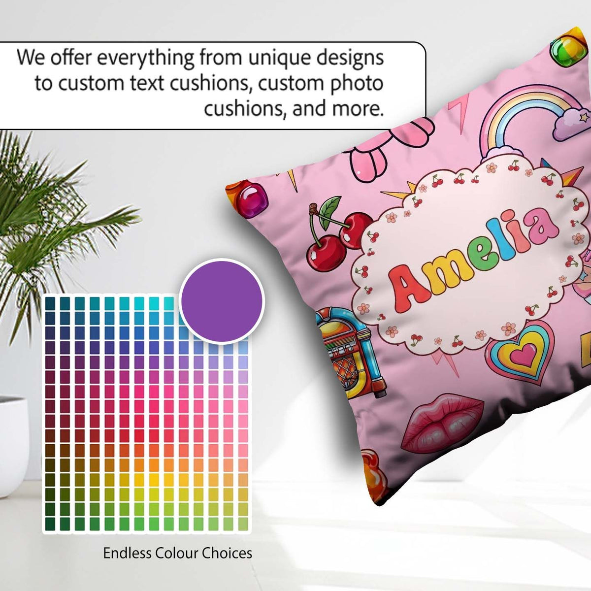 Custom Name Gummy Bear Rainbow Roller Skate Blush Pink Seamless Square Filled Cushion Throw Pillow Sofa Bed Home Decor Zip Washable UK Made