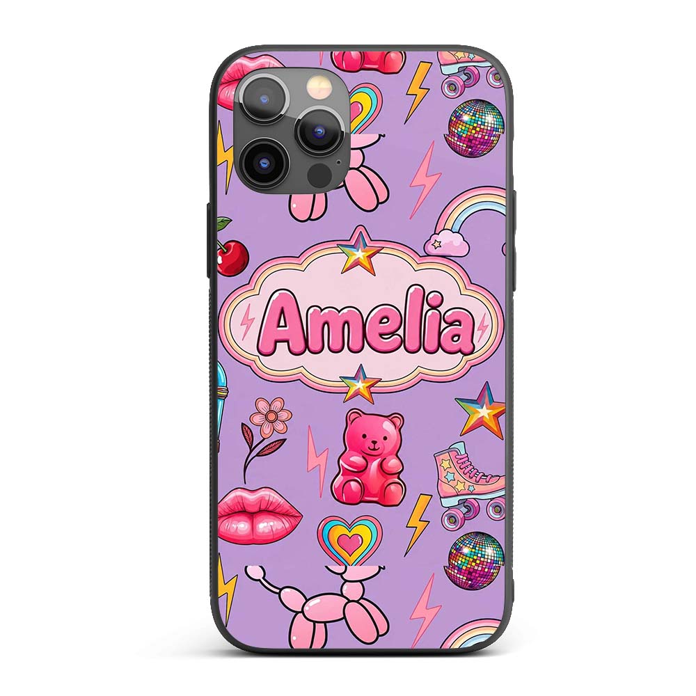 Gummy Bear Rainbow Roller Skate Purple Background Custom Name Protective Phone Case Mobile Cover Durable Everyday Smartphone Shock Resistant