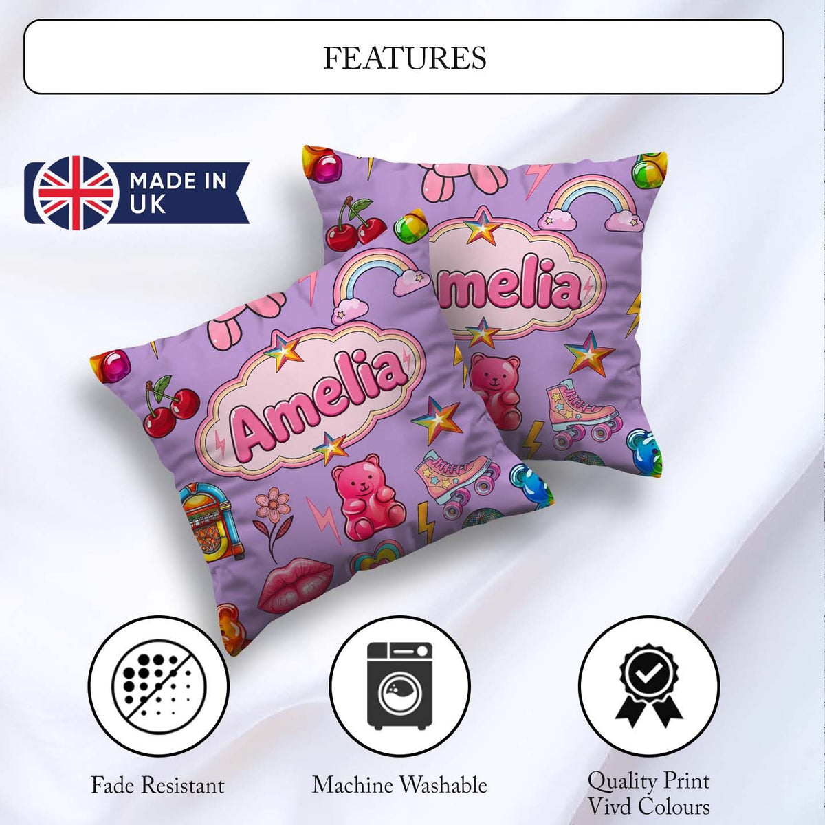 Custom Name Gummy Bear Rainbow Roller Purple Background Seamless Square Filled Cushion Throw Pillow Sofa Bed Home Decor Zip Washable UK Made