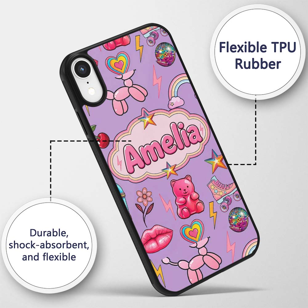 Gummy Bear Rainbow Roller Skate Purple Background Custom Name Protective Phone Case Mobile Cover Durable Everyday Smartphone Shock Resistant