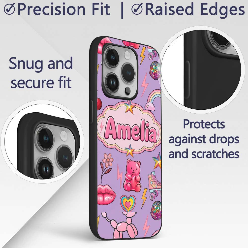 Gummy Bear Rainbow Roller Skate Purple Background Custom Name Protective Phone Case Mobile Cover Durable Everyday Smartphone Shock Resistant