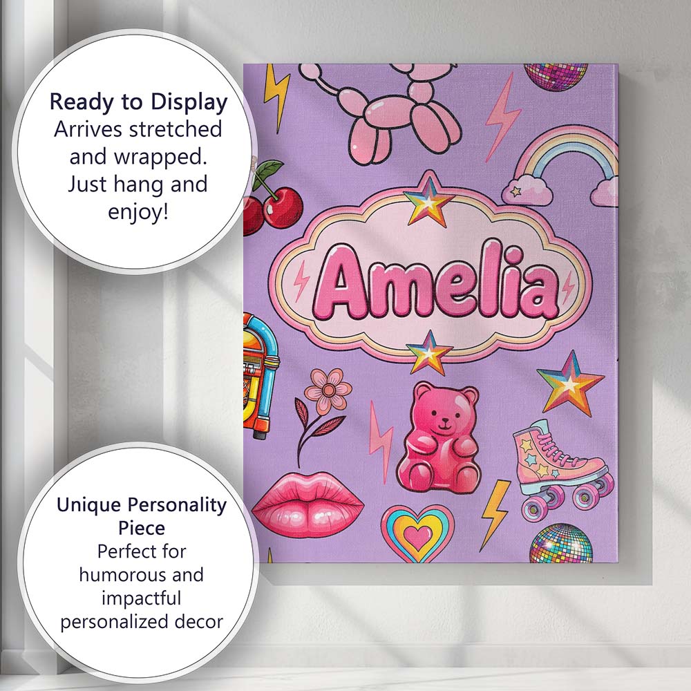 Personalised Name Gummy Bear Rainbow Roller Custom Bespoke Interior Contemporary Canvas Wall Art Print Decor Picture Ready to Hang