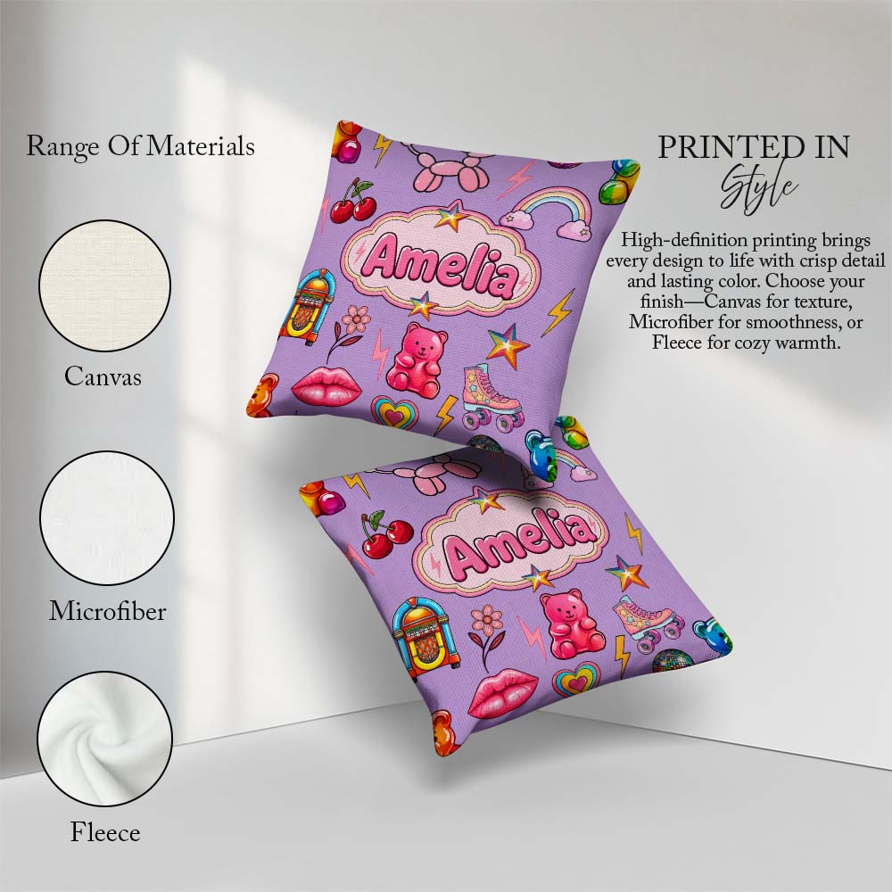 Custom Name Gummy Bear Rainbow Roller Purple Background Seamless Square Filled Cushion Throw Pillow Sofa Bed Home Decor Zip Washable UK Made