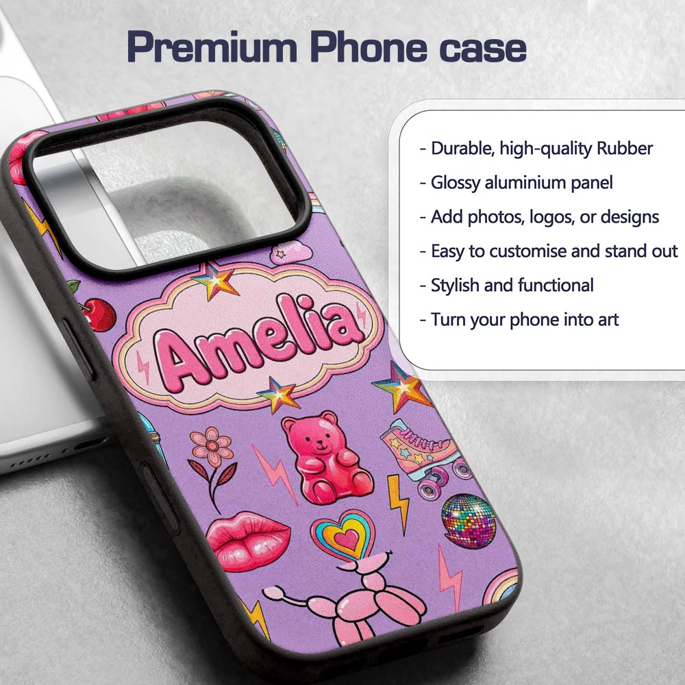 Gummy Bear Rainbow Roller Skate Purple Background Custom Name Protective Phone Case Mobile Cover Durable Everyday Smartphone Shock Resistant
