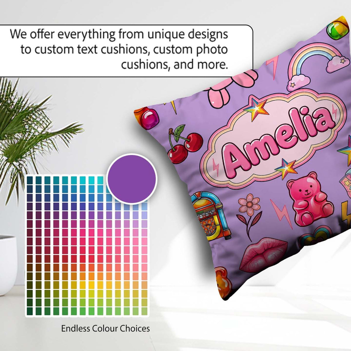 Custom Name Gummy Bear Rainbow Roller Purple Background Seamless Square Filled Cushion Throw Pillow Sofa Bed Home Decor Zip Washable UK Made