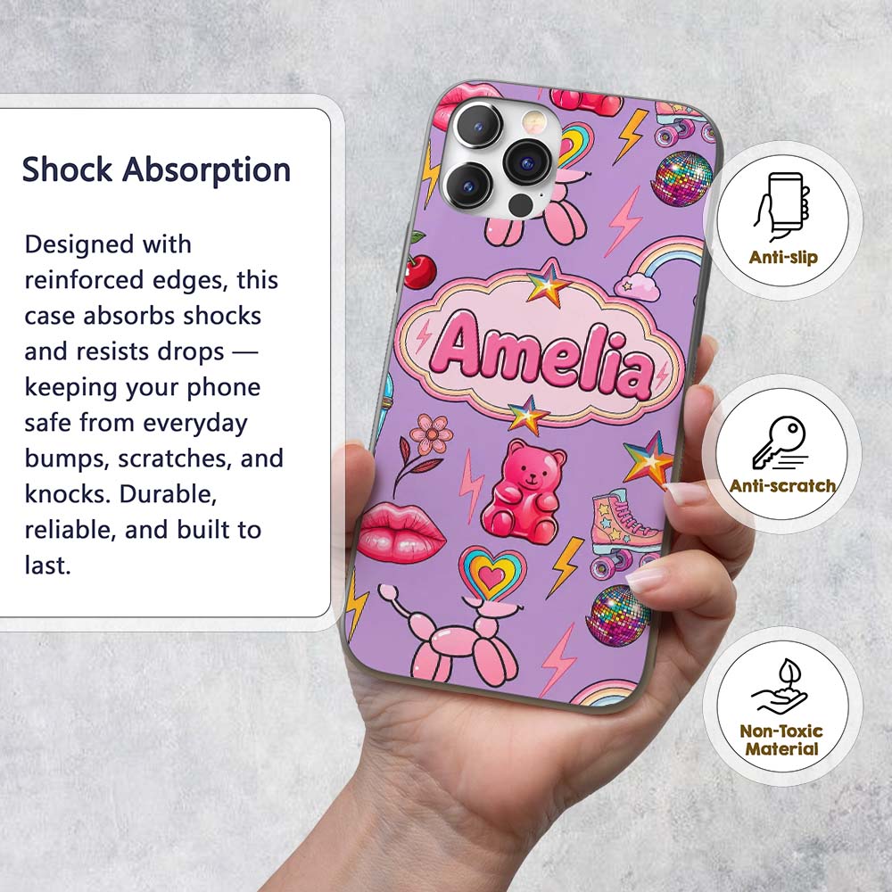 Gummy Bear Rainbow Roller Skate Purple Background Custom Name Protective Phone Case Mobile Cover Durable Everyday Smartphone Shock Resistant
