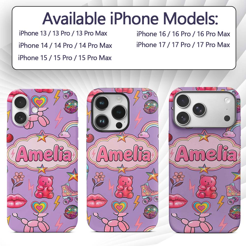 Gummy Bear Rainbow Roller Skate Purple Background Custom Name Protective Phone Case Mobile Cover Durable Everyday Smartphone Shock Resistant