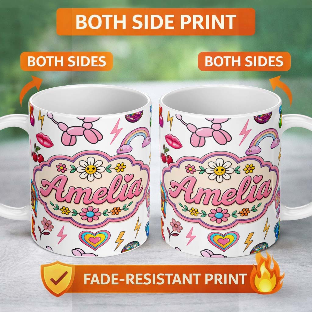 Personalized Custom Name Gummy Bear Rainbow Roller Skate Light Grey Background Seamless 11oz Ceramic Coffee Tea Mug White Large Handle