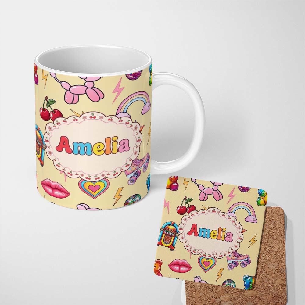 Personalized Custom Name Gummy Bear Rainbow Roller Skate Yellow Background Seamless Pattern 11oz Ceramic Coffee Tea Mug White Large Handle