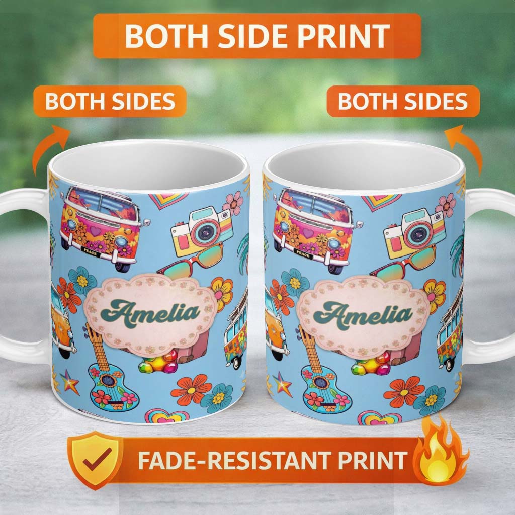 Personalized Custom Name Hippie Van Camera Guitar Floral Travel Blue Background Seamless 11oz Ceramic Coffee Tea Mug White Large Handle