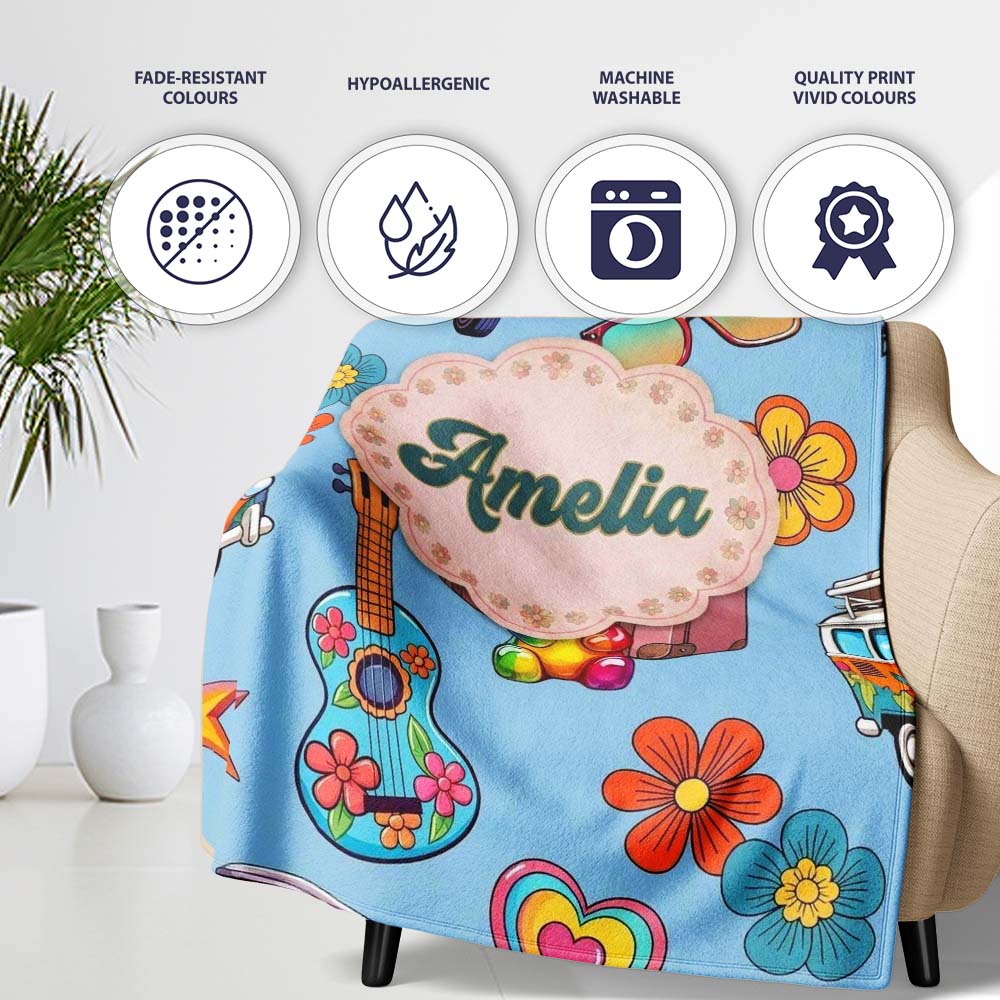 Hippie Van Camera Guitar Floral Travel Blue Background Seamless Personalised Custom Name Super Soft Fleece Blanket Bed Sofa Throw
