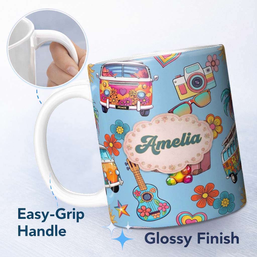 Personalized Custom Name Hippie Van Camera Guitar Floral Travel Blue Background Seamless 11oz Ceramic Coffee Tea Mug White Large Handle