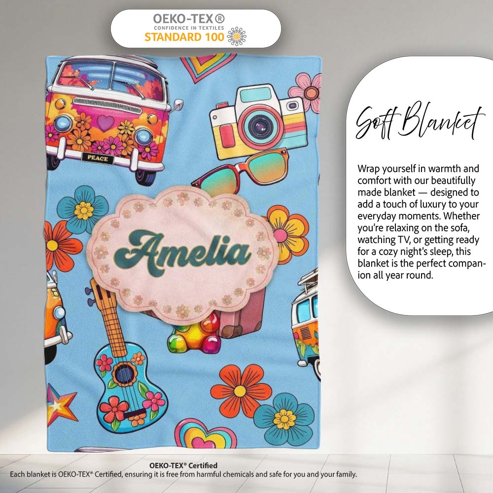 Hippie Van Camera Guitar Floral Travel Blue Background Seamless Personalised Custom Name Super Soft Fleece Blanket Bed Sofa Throw