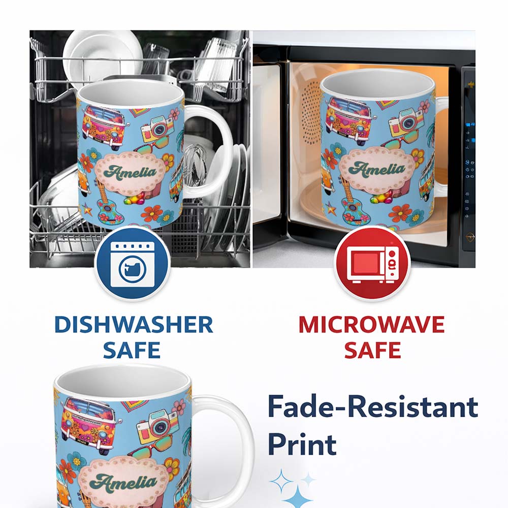 Personalized Custom Name Hippie Van Camera Guitar Floral Travel Blue Background Seamless 11oz Ceramic Coffee Tea Mug White Large Handle