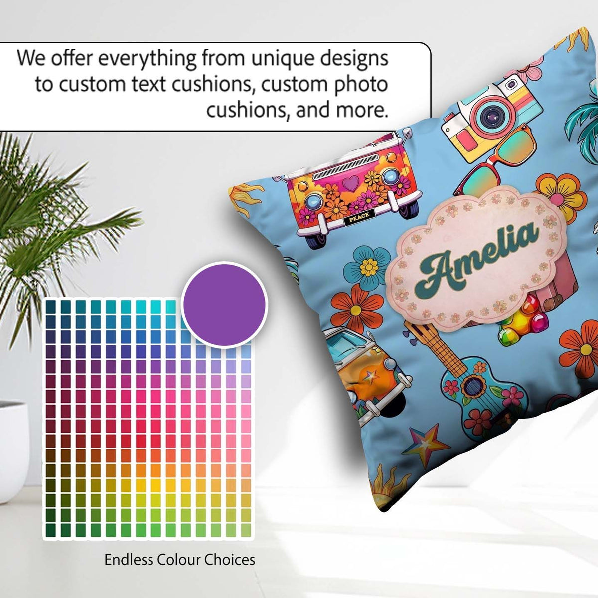 Custom Name Hippie Van Camera Guitar Floral Travel Blue Seamless Square Filled Cushion Throw Pillow Sofa Bed Home Decor Zip Washable UK Made