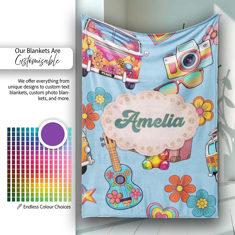 Hippie Van Camera Guitar Floral Travel Blue Background Seamless Personalised Custom Name Super Soft Fleece Blanket Bed Sofa Throw