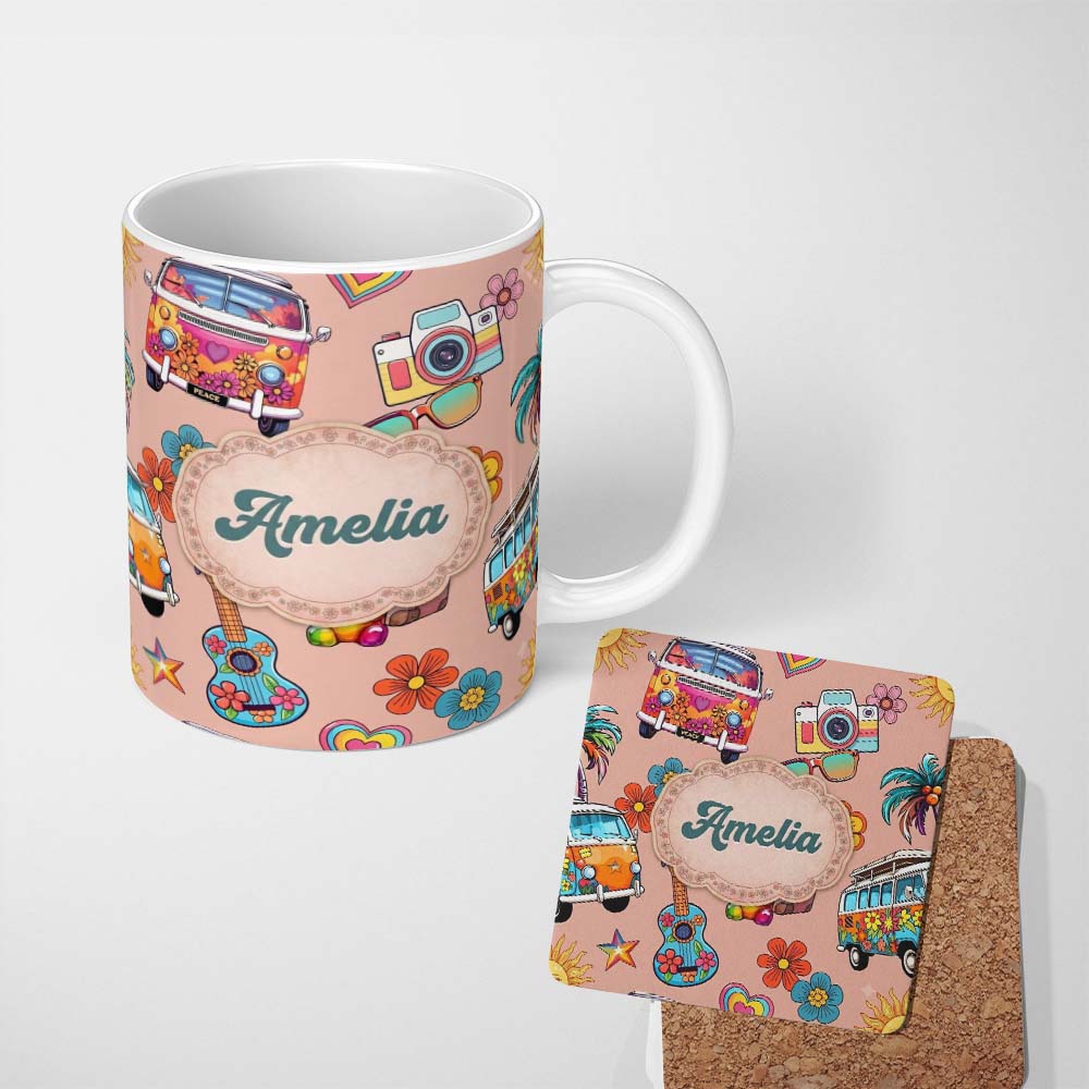 Personalized Custom Name Hippie Van Camera Guitar Floral Travel Peach Background Seamless 11oz Ceramic Coffee Tea Mug White Large Handle