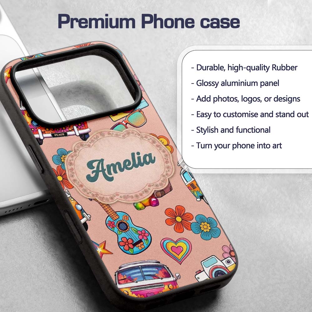 Hippie Van Camera Guitar Floral Travel Peach Custom Name Protective Phone Case Mobile Cover Durable Everyday Smartphone Shock Resistant