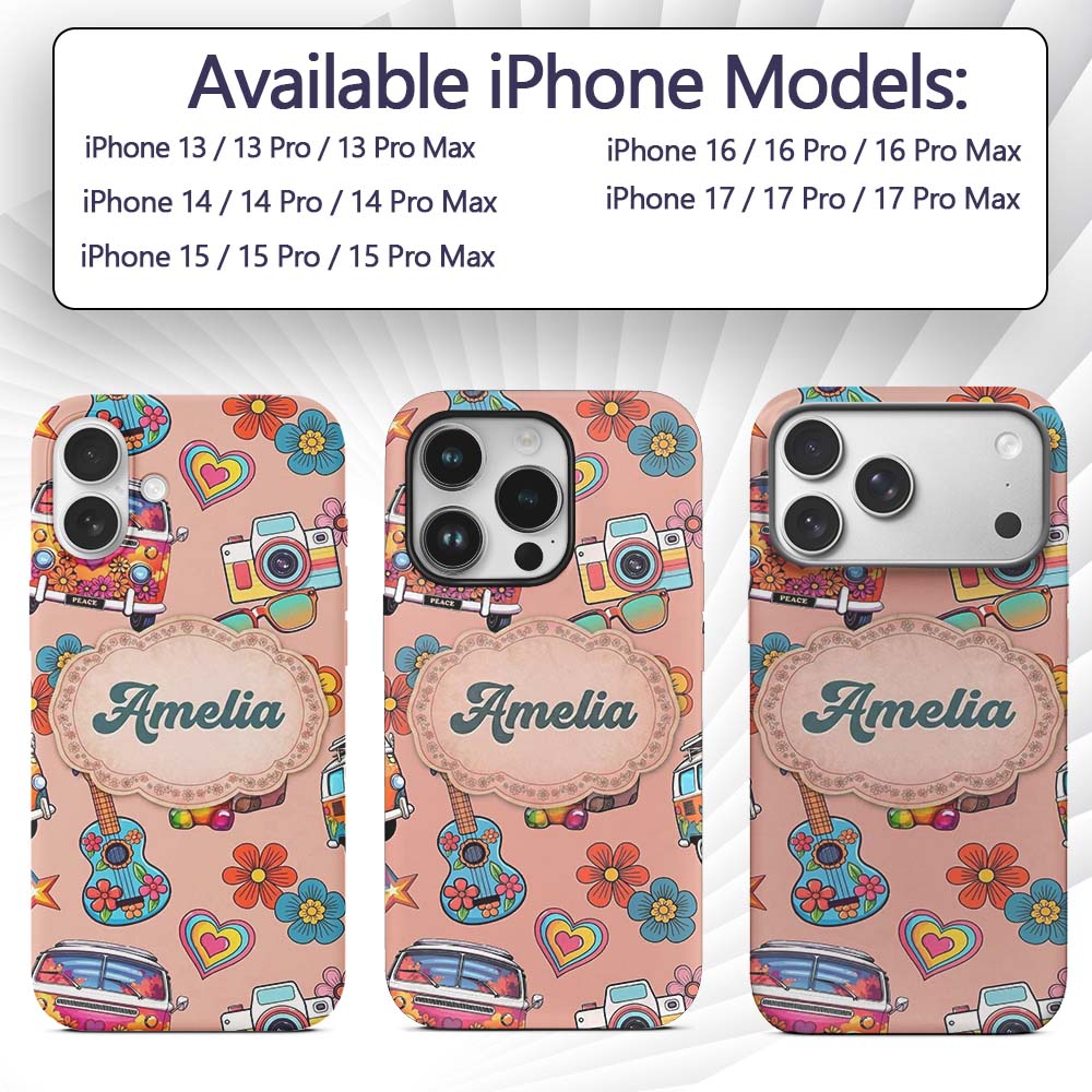 Hippie Van Camera Guitar Floral Travel Peach Custom Name Protective Phone Case Mobile Cover Durable Everyday Smartphone Shock Resistant