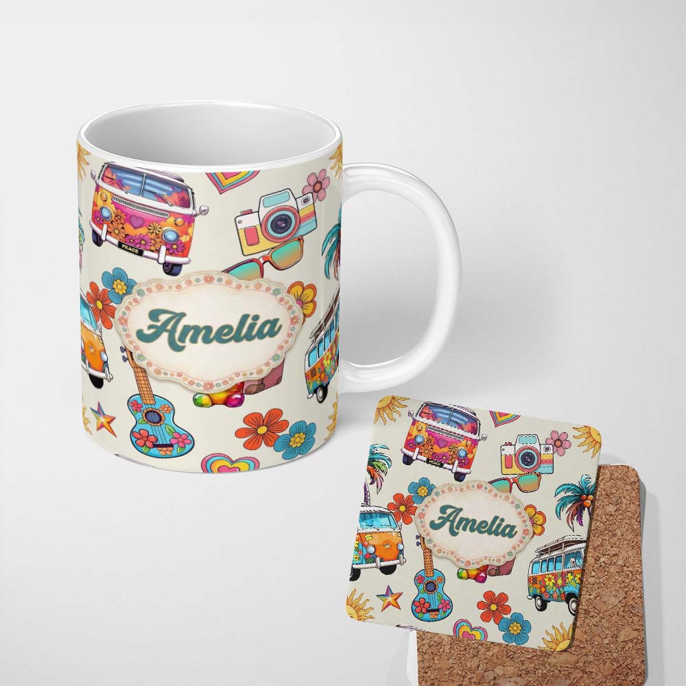 Personalized Custom Name Hippie Van Camera Guitar Floral Travel Cream Background Seamless 11oz Ceramic Coffee Tea Mug White Large Handle