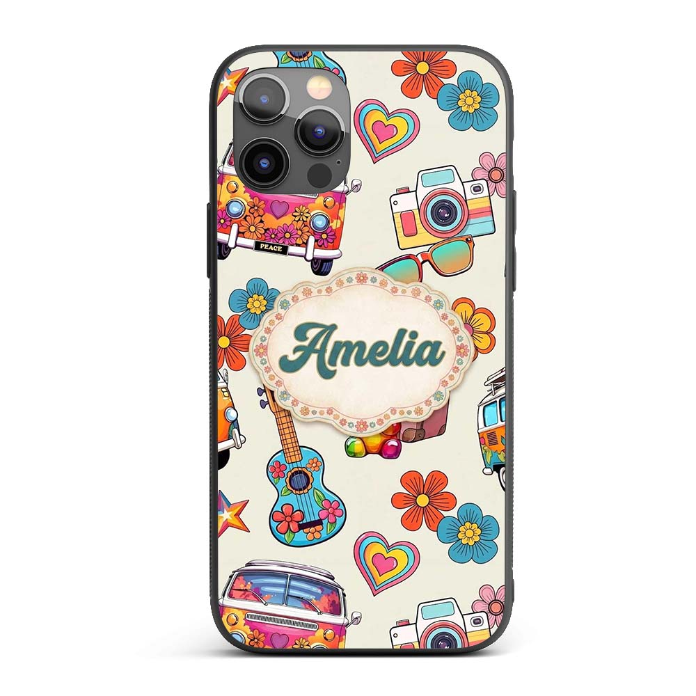Hippie Van Camera Guitar Floral Travel Cream Custom Name Protective Phone Case Mobile Cover Durable Everyday Smartphone Shock Resistant