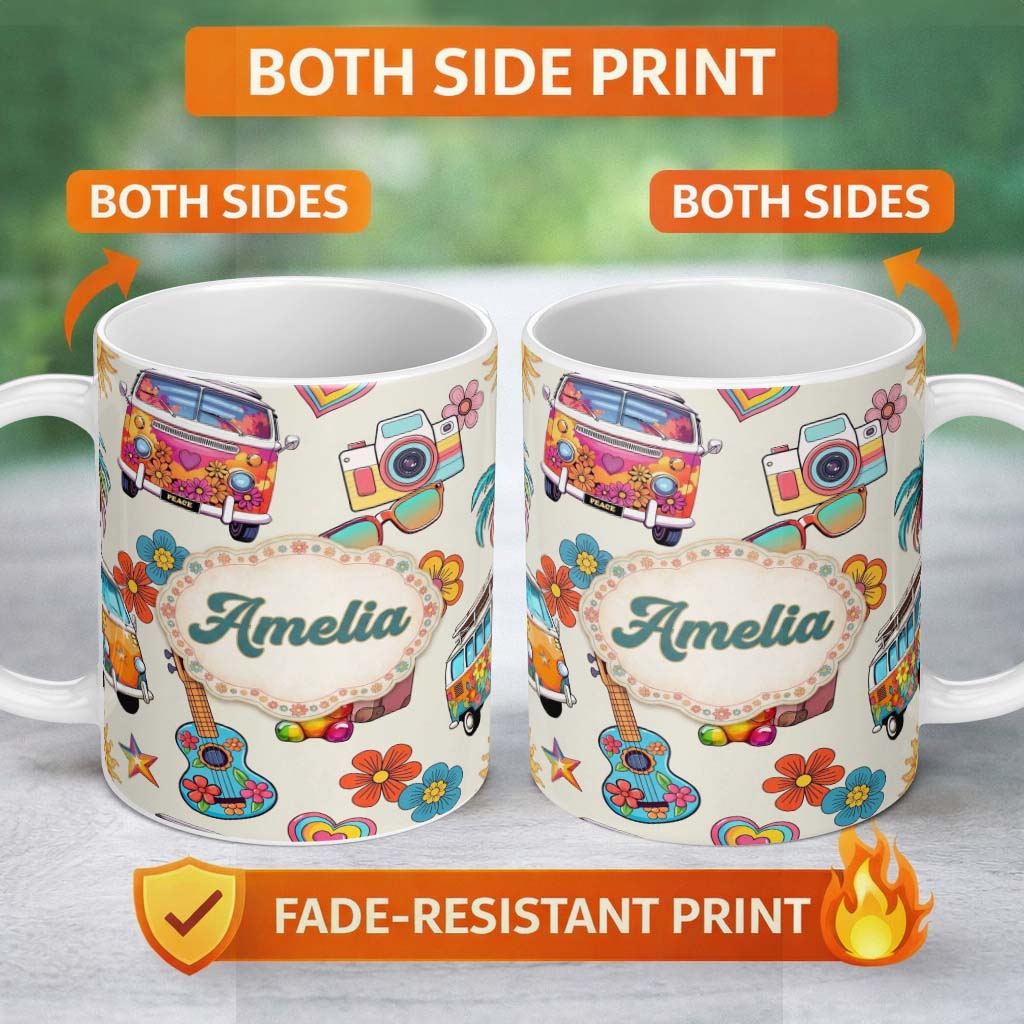 Personalized Custom Name Hippie Van Camera Guitar Floral Travel Cream Background Seamless 11oz Ceramic Coffee Tea Mug White Large Handle